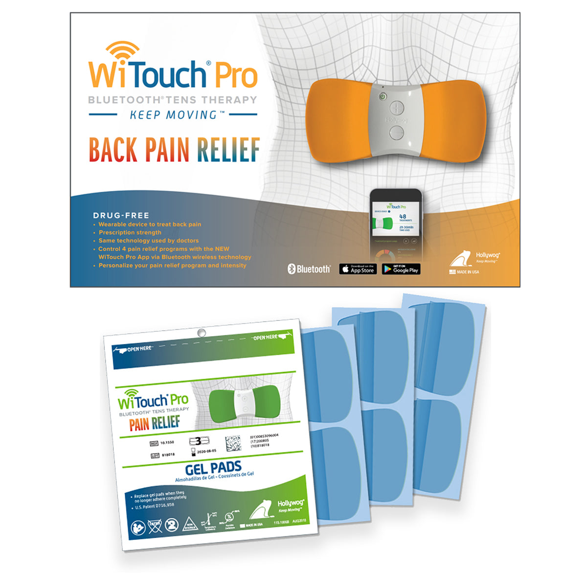 WiTouch Pro Back Pain Relief Bundle, TENS Unit Pairs of Gel Pads –  Hollywog